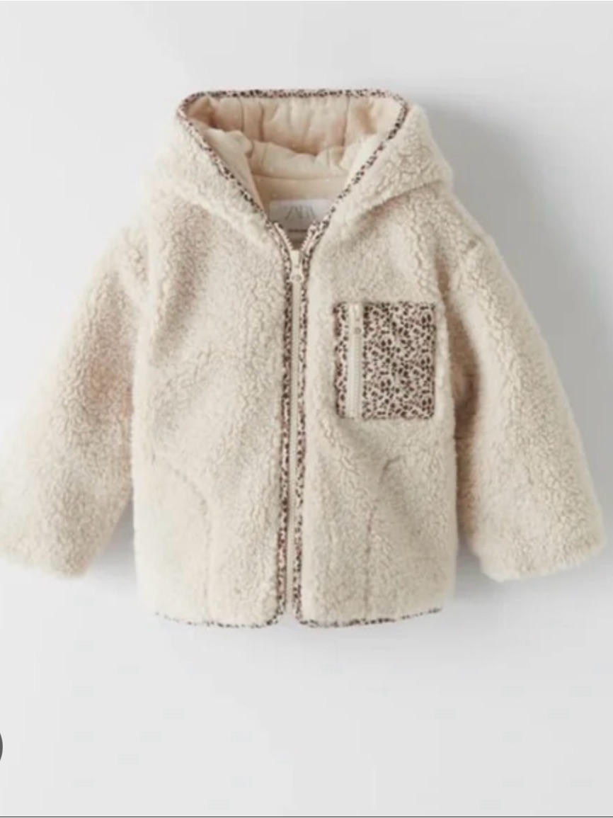 Zara Kids Cream Sherpa Hooded Puffer Jacket With Printed Trim